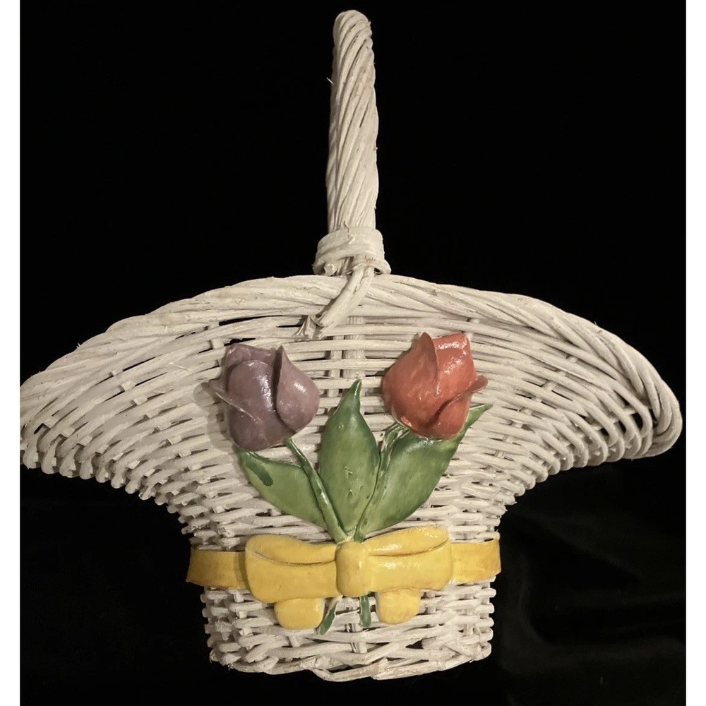 Oval White Wicker Cottage Basket Raised Purple Pink Tulip Flowers Vintage Willow